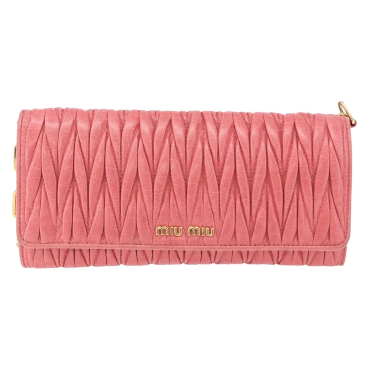 Miu Miu Matelasse Chain Shoulder Wallet Leather Pink Gold Auth ka5623A