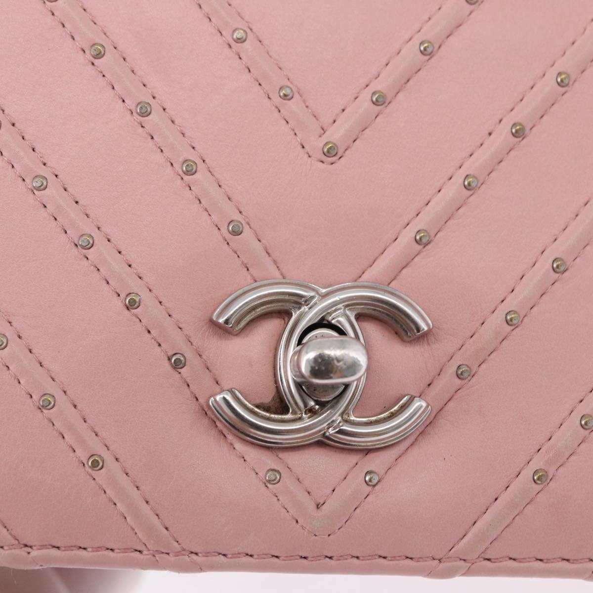 CHANEL V Stitch Chain Studs Shoulder Bag Lamb Skin Pink Silver CC Auth ka5624SAV