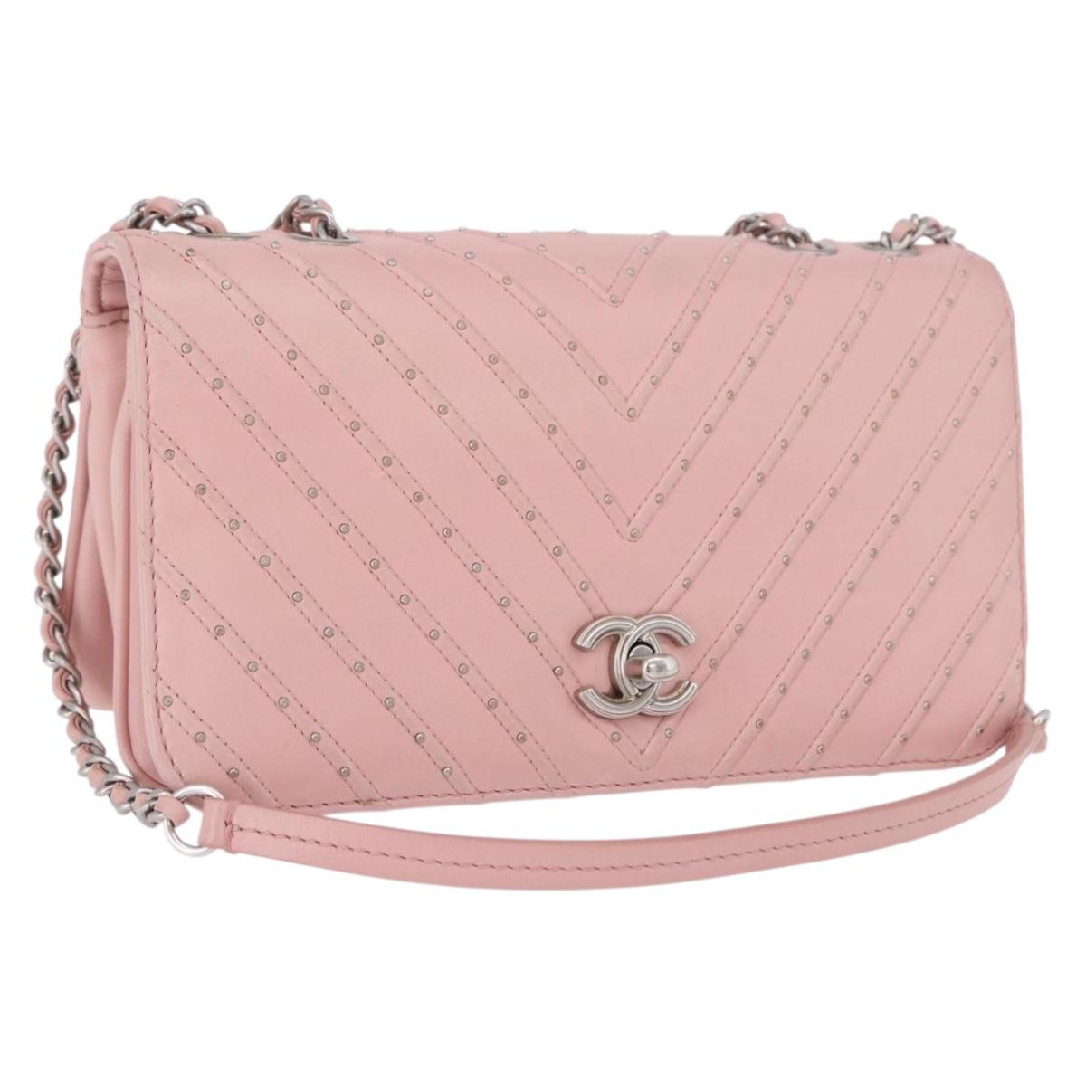 CHANEL V Stitch Chain Studs Shoulder Bag Lamb Skin Pink Silver CC Auth ka5624SAV
