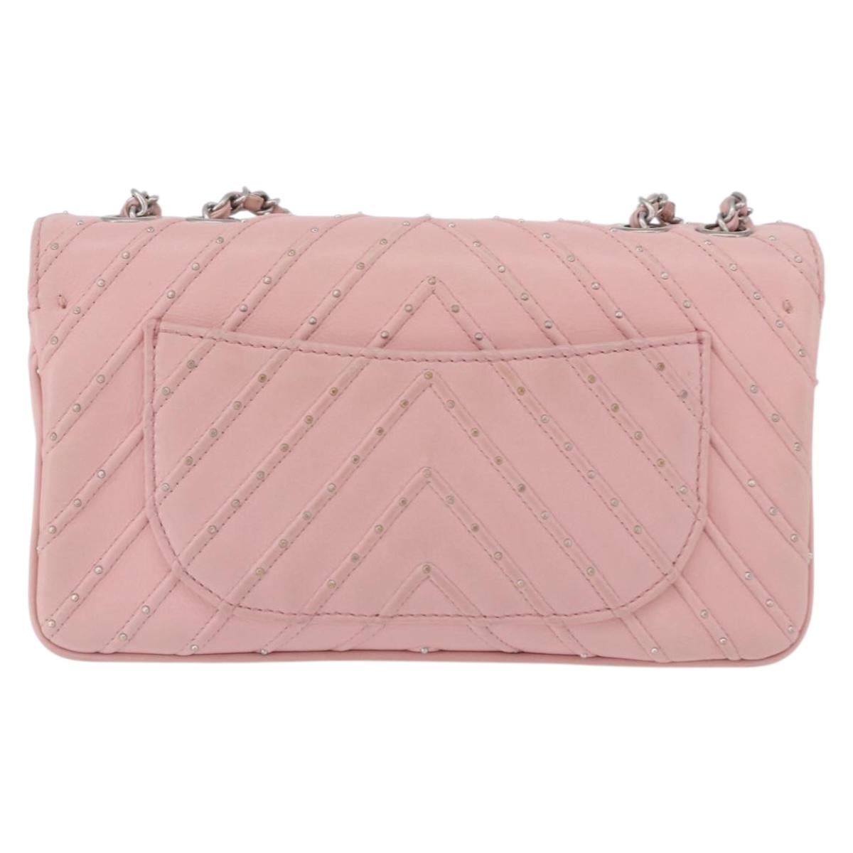 CHANEL V Stitch Chain Studs Shoulder Bag Lamb Skin Pink Silver CC Auth ka5624SAV
