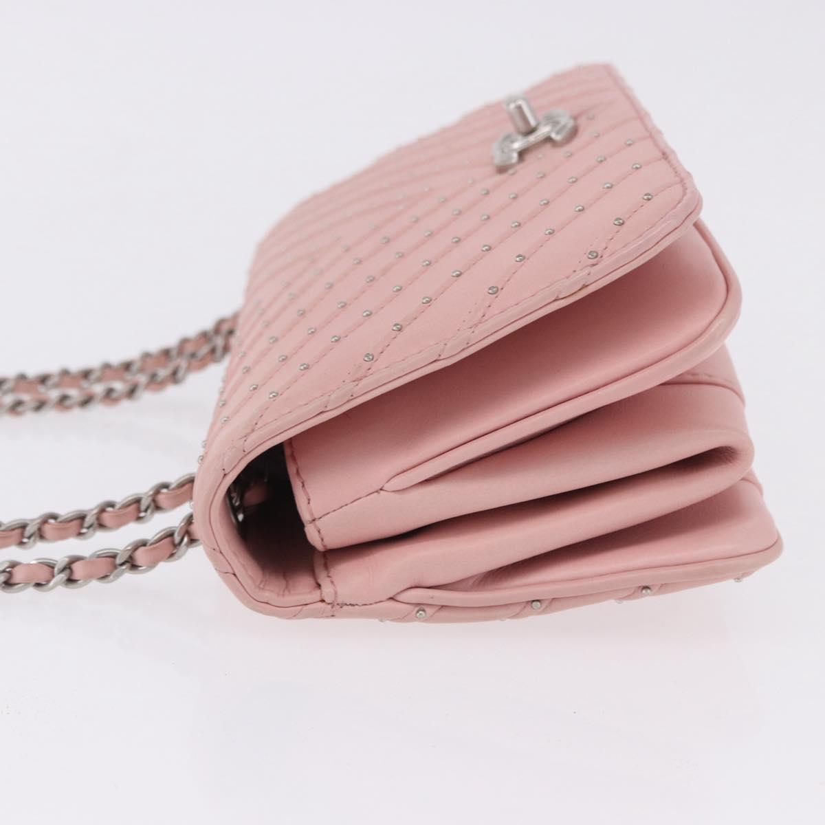 CHANEL V Stitch Chain Studs Shoulder Bag Lamb Skin Pink Silver CC Auth ka5624SAV