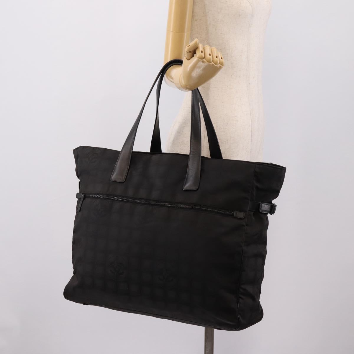 CHANEL New Travel Line Tote Bag Canvas Black Silver CC Auth ka5632