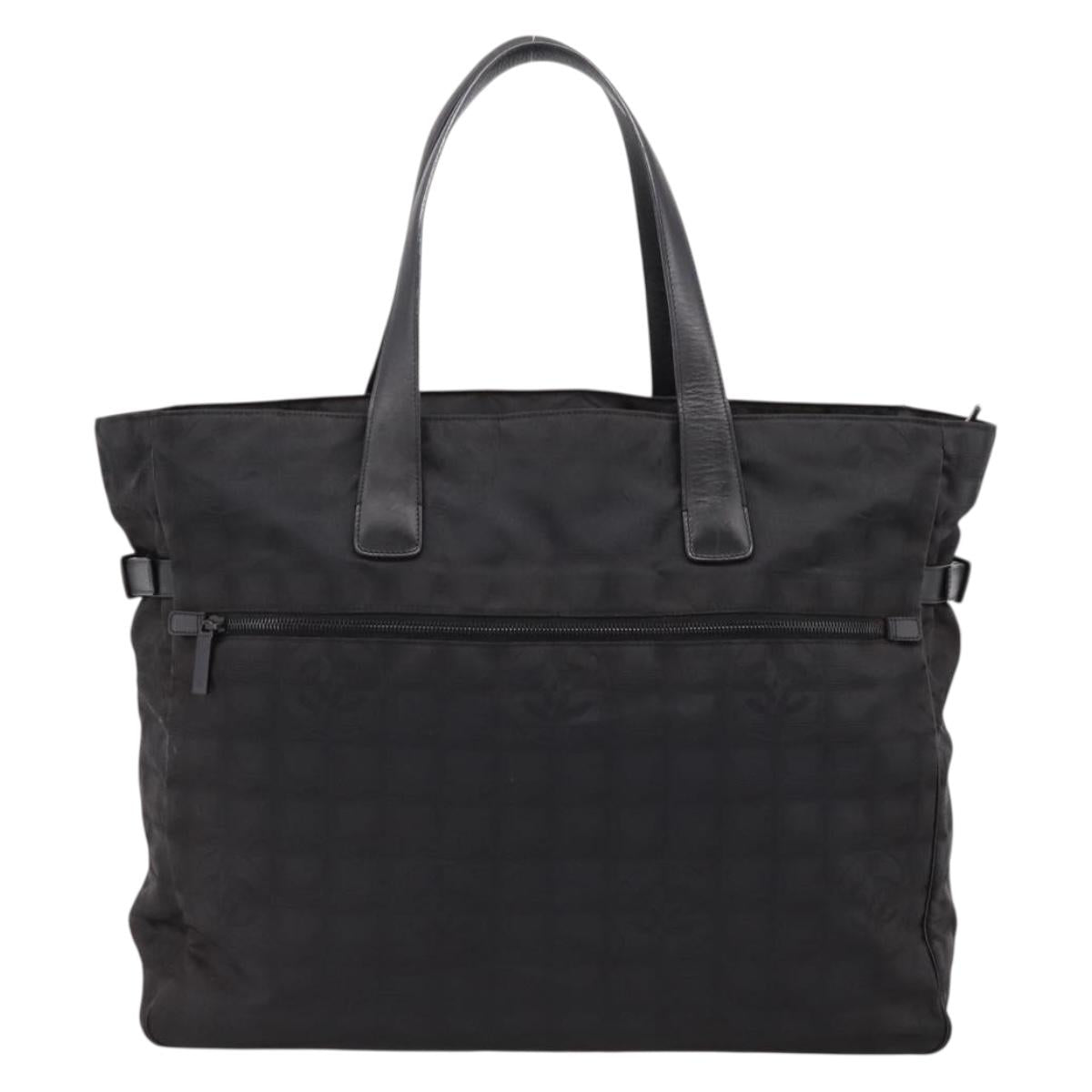 CHANEL New Travel Line Tote Bag Canvas Black Silver CC Auth ka5632