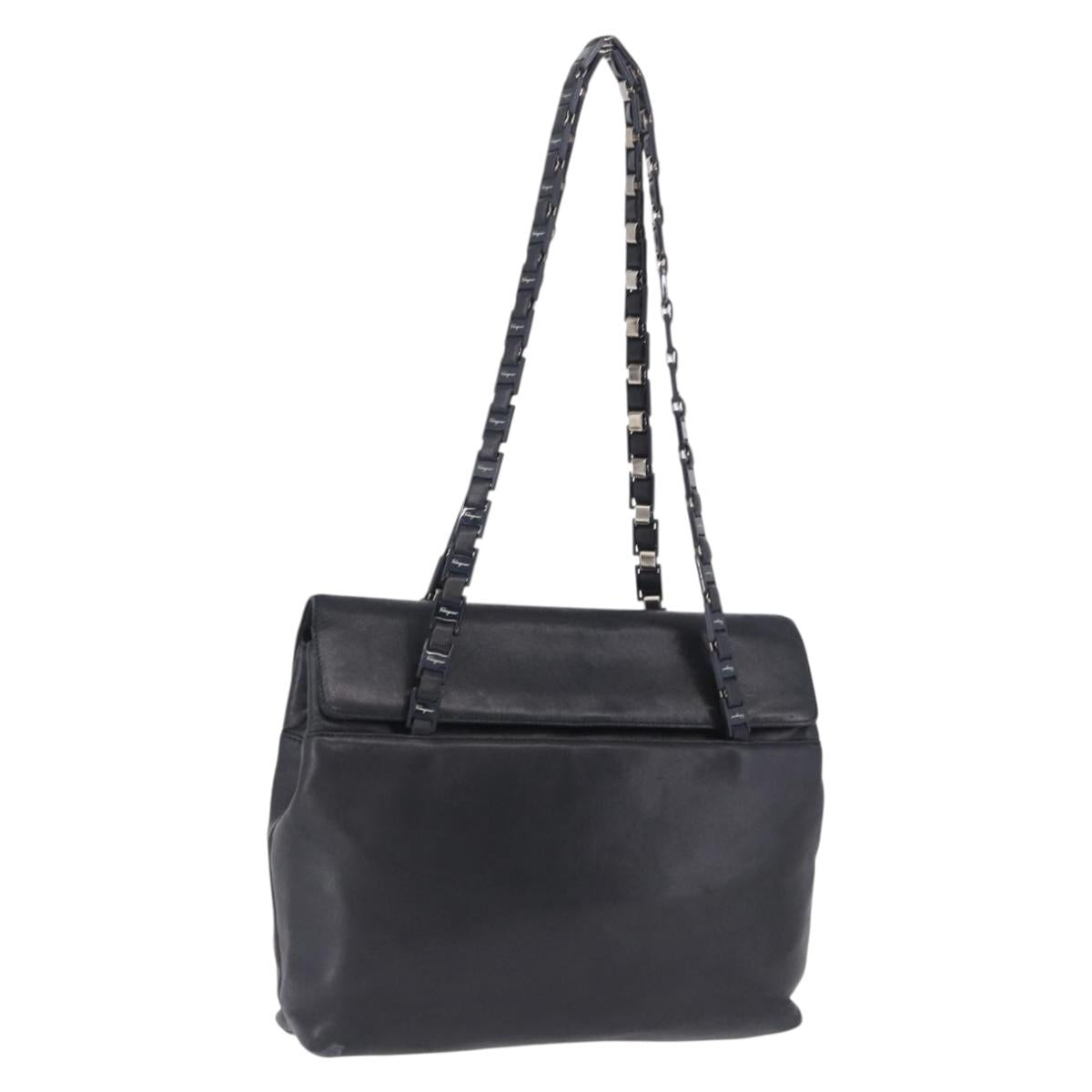 Salvatore Ferragamo Shoulder Bag Leather Black Silver Auth ka5635
