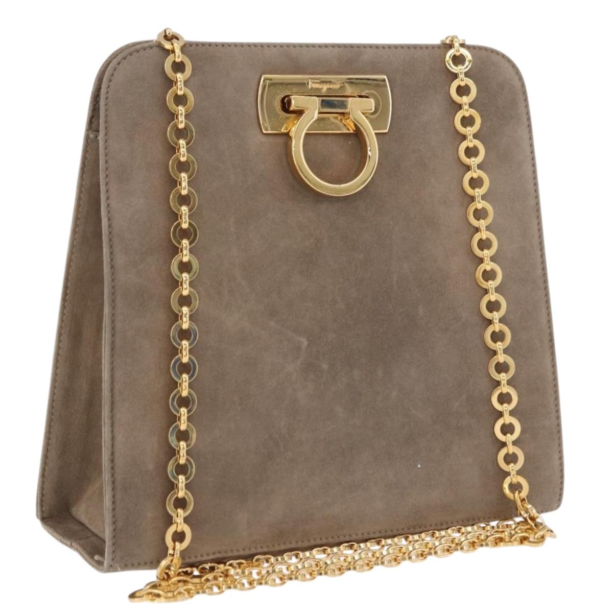 Salvatore Ferragamo Gancini Chain Shoulder Bag Suede Beige Gold Auth ka5639