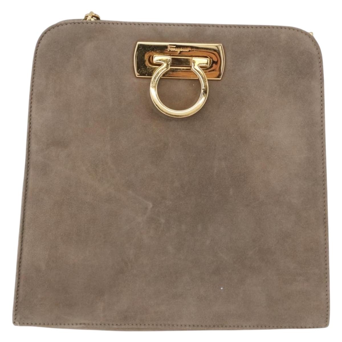 Salvatore Ferragamo Gancini Chain Shoulder Bag Suede Beige Gold Auth ka5639
