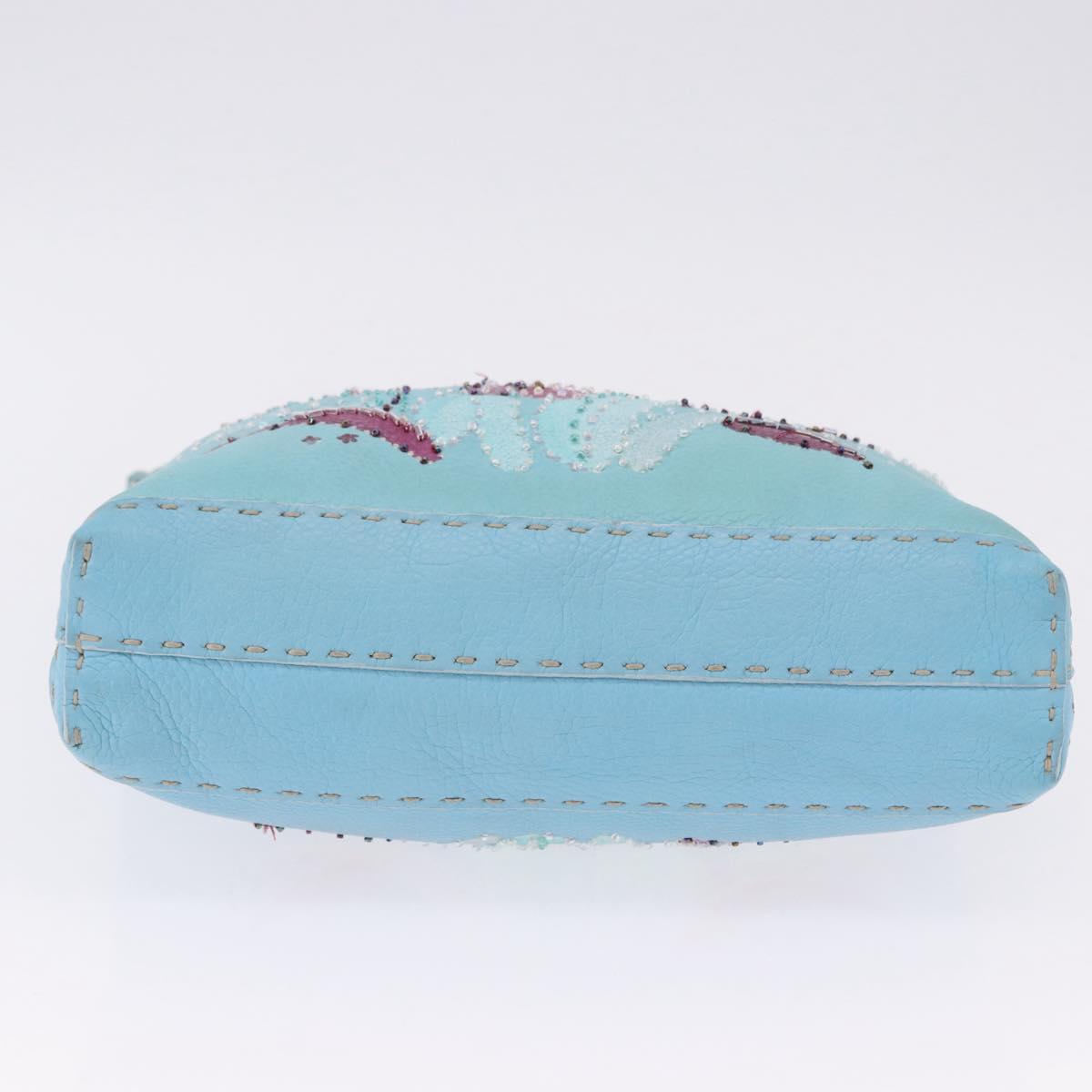 FENDI Celeria Shoulder Bag Leather Light Blue Silver Auth ka5643A