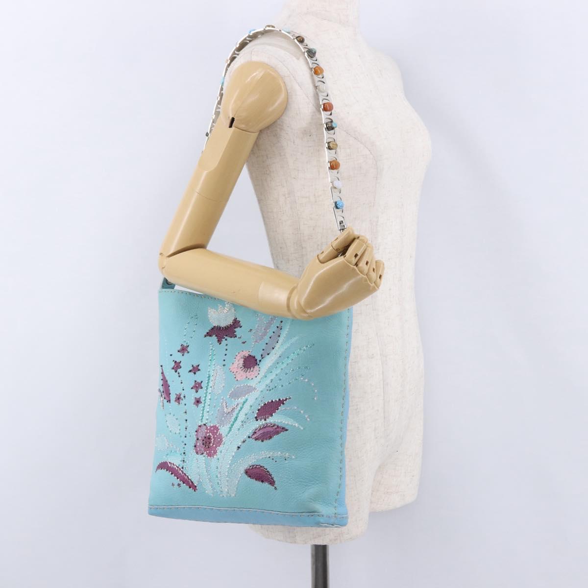 FENDI Celeria Shoulder Bag Leather Light Blue Silver Auth ka5643A