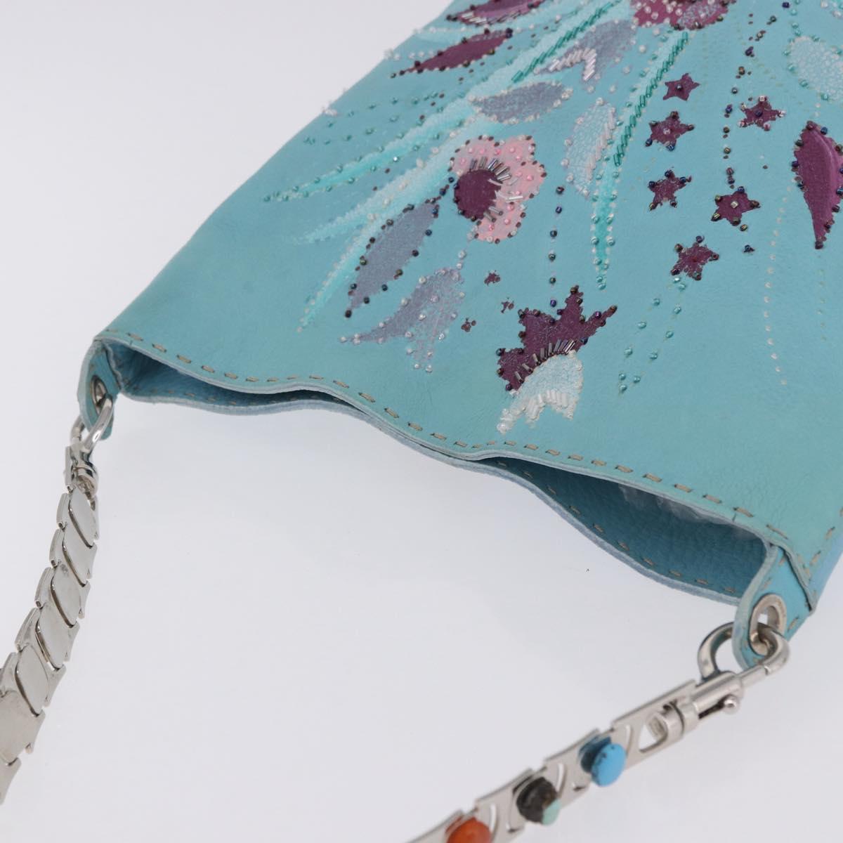 FENDI Celeria Shoulder Bag Leather Light Blue Silver Auth ka5643A
