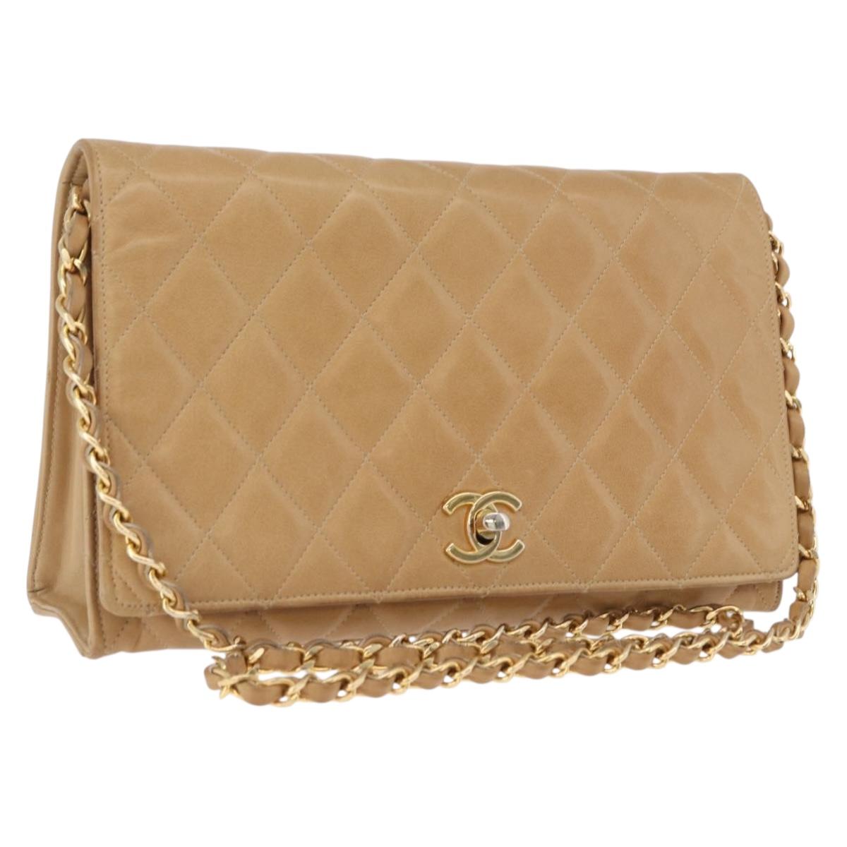 CHANEL Matelasse Chain Shoulder Bag Lamb Skin Beige Gold CC Auth ka5647V