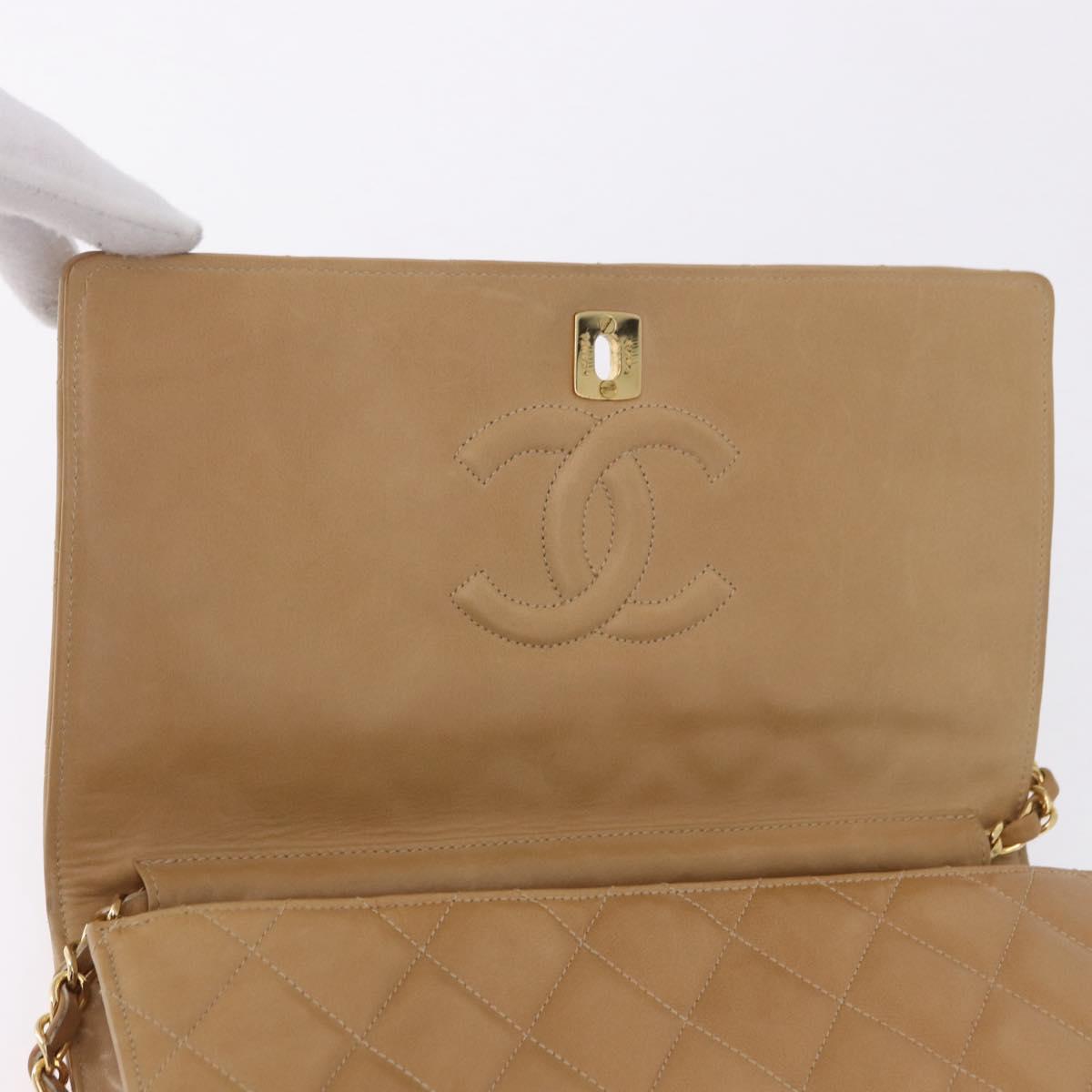 CHANEL Matelasse Chain Shoulder Bag Lamb Skin Beige Gold CC Auth ka5647V