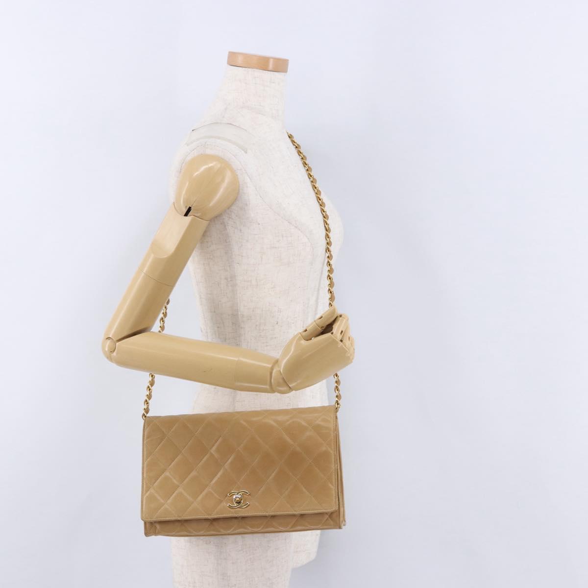 CHANEL Matelasse Chain Shoulder Bag Lamb Skin Beige Gold CC Auth ka5647V