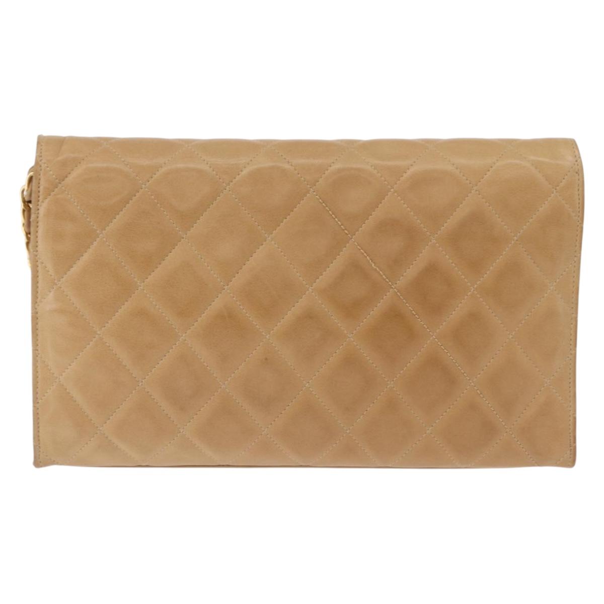 CHANEL Matelasse Chain Shoulder Bag Lamb Skin Beige Gold CC Auth ka5647V