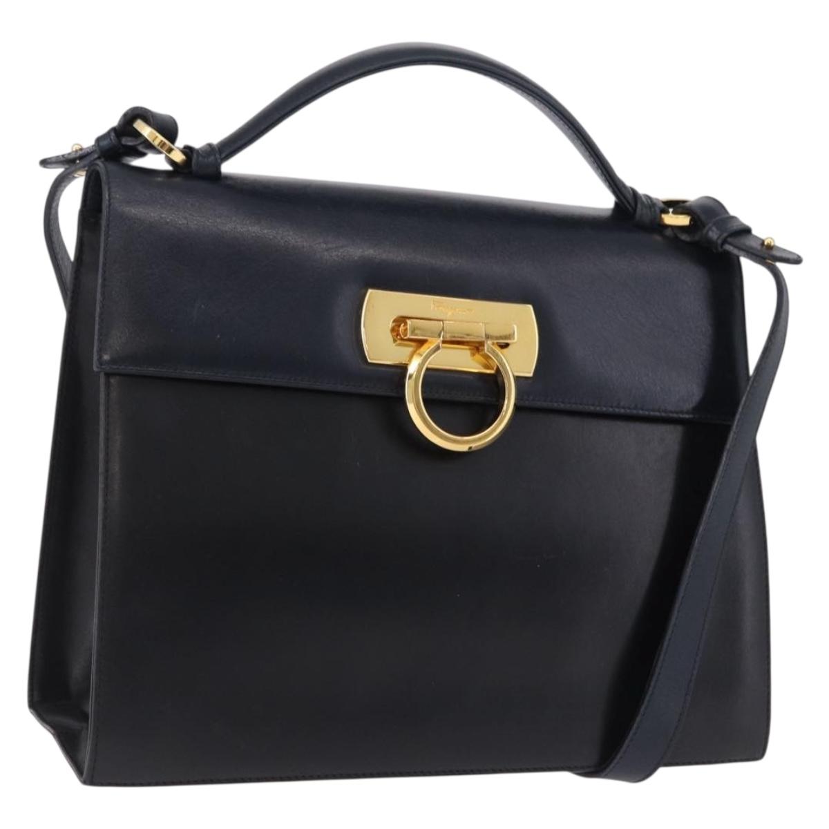 Salvatore Ferragamo Gancini Hand Bag Leather 2way Navy Gold Auth ka5648