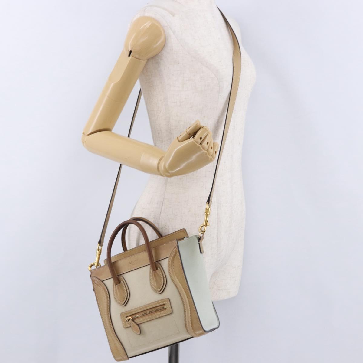 CELINE Luggage Nano Hand Bag Leather Suede 2way Beige Gold Auth ka5649A