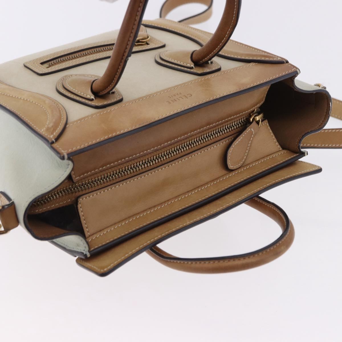 CELINE Luggage Nano Hand Bag Leather Suede 2way Beige Gold Auth ka5649A