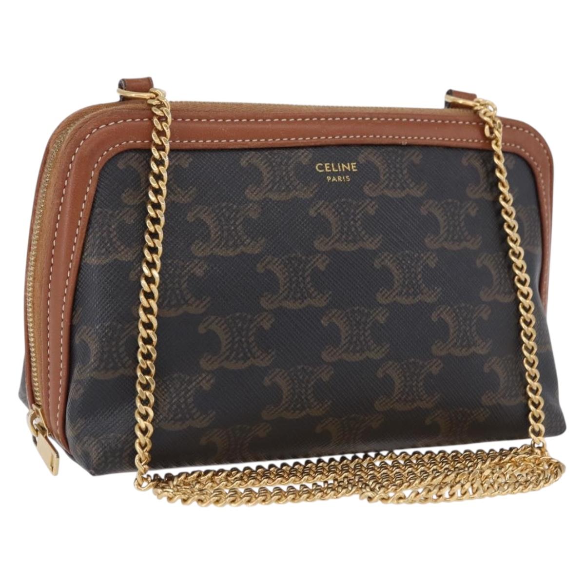 CELINE Triomphe Chain Shoulder Pouch PVC Black Gold Auth ka5670A