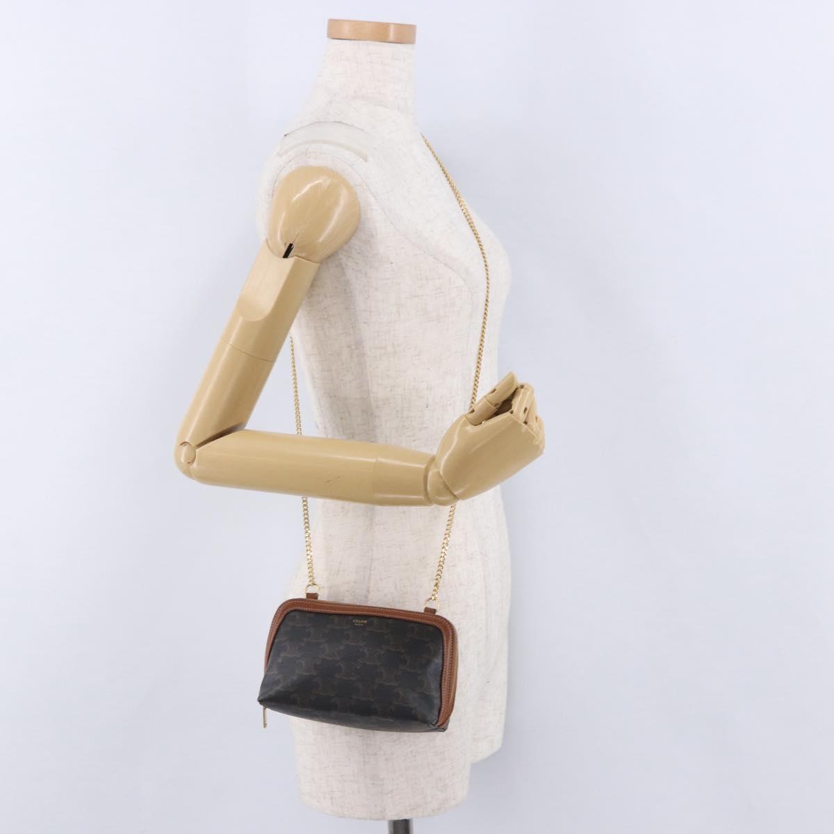 CELINE Triomphe Chain Shoulder Pouch PVC Black Gold Auth ka5670A