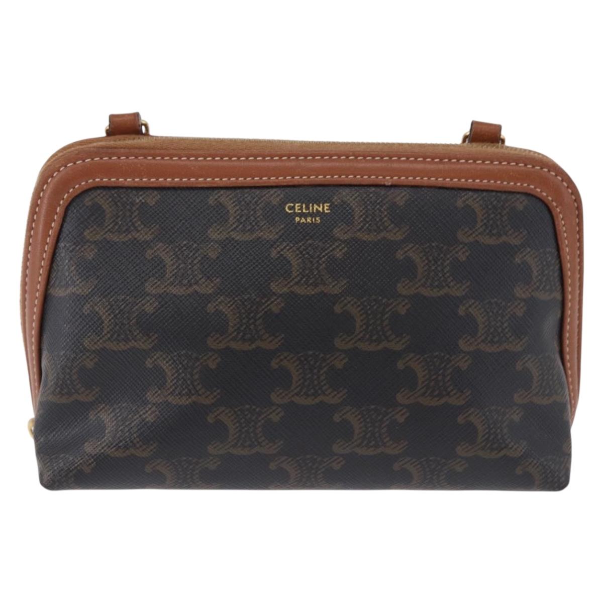 CELINE Triomphe Chain Shoulder Pouch PVC Black Gold Auth ka5670A