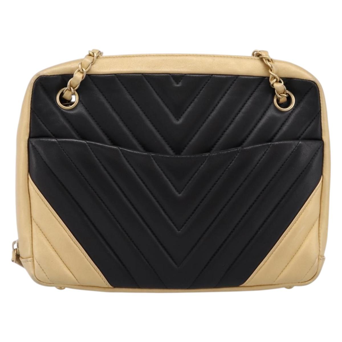 CHANEL V Stitch Chain Shoulder Bag Lamb Skin Beige Gold CC Auth ka5675V