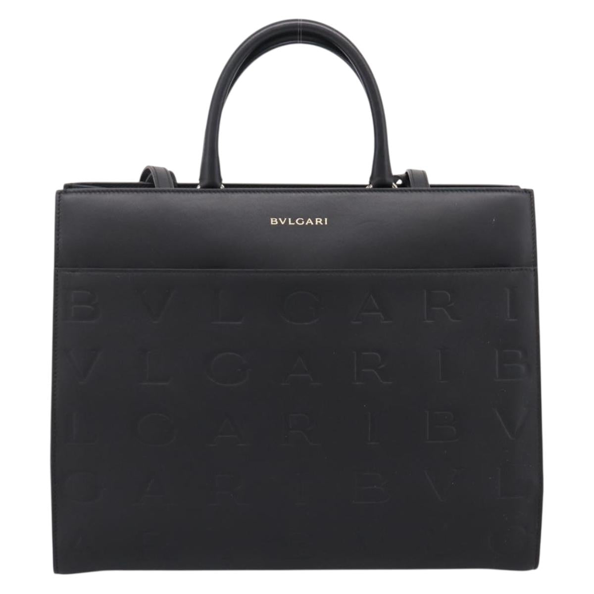 BVLGARI Tote Bag Leather 2way Black Gold Auth ka5676V