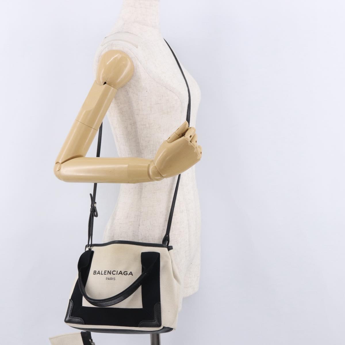 BALENCIAGA Navy Cabas XS Bag Canvas Leather White Navy Silver 390346 Auth ka5679