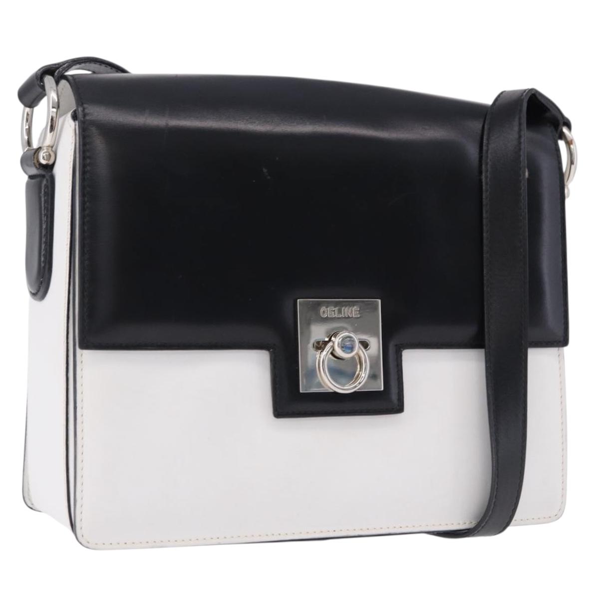 CELINE Shoulder Bag Leather Black White Auth ka5694A