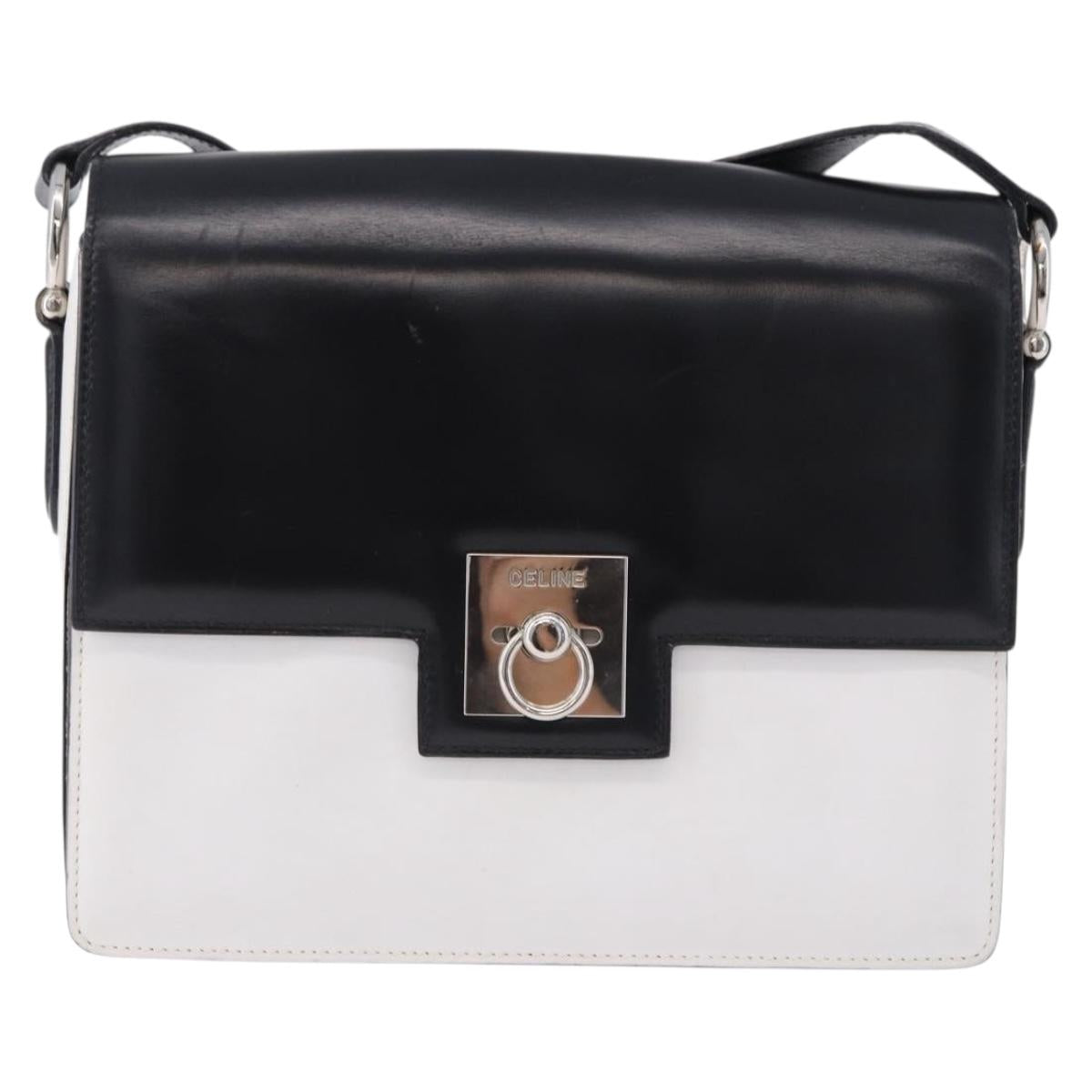 CELINE Shoulder Bag Leather Black White Auth ka5694A