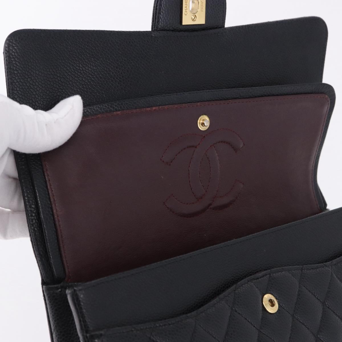 CHANEL Chain Matelasse Shoulder Bag Caviar Skin Black Gold CC Auth ka5697SAM