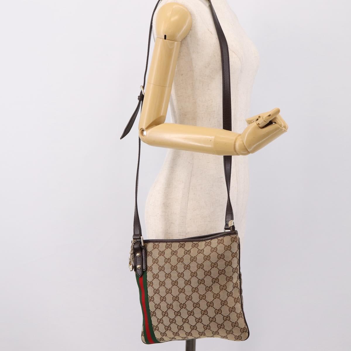 GUCCI GG Canvas Sherry Line Shoulder Bag Beige Gold 144388 Auth ka5715A