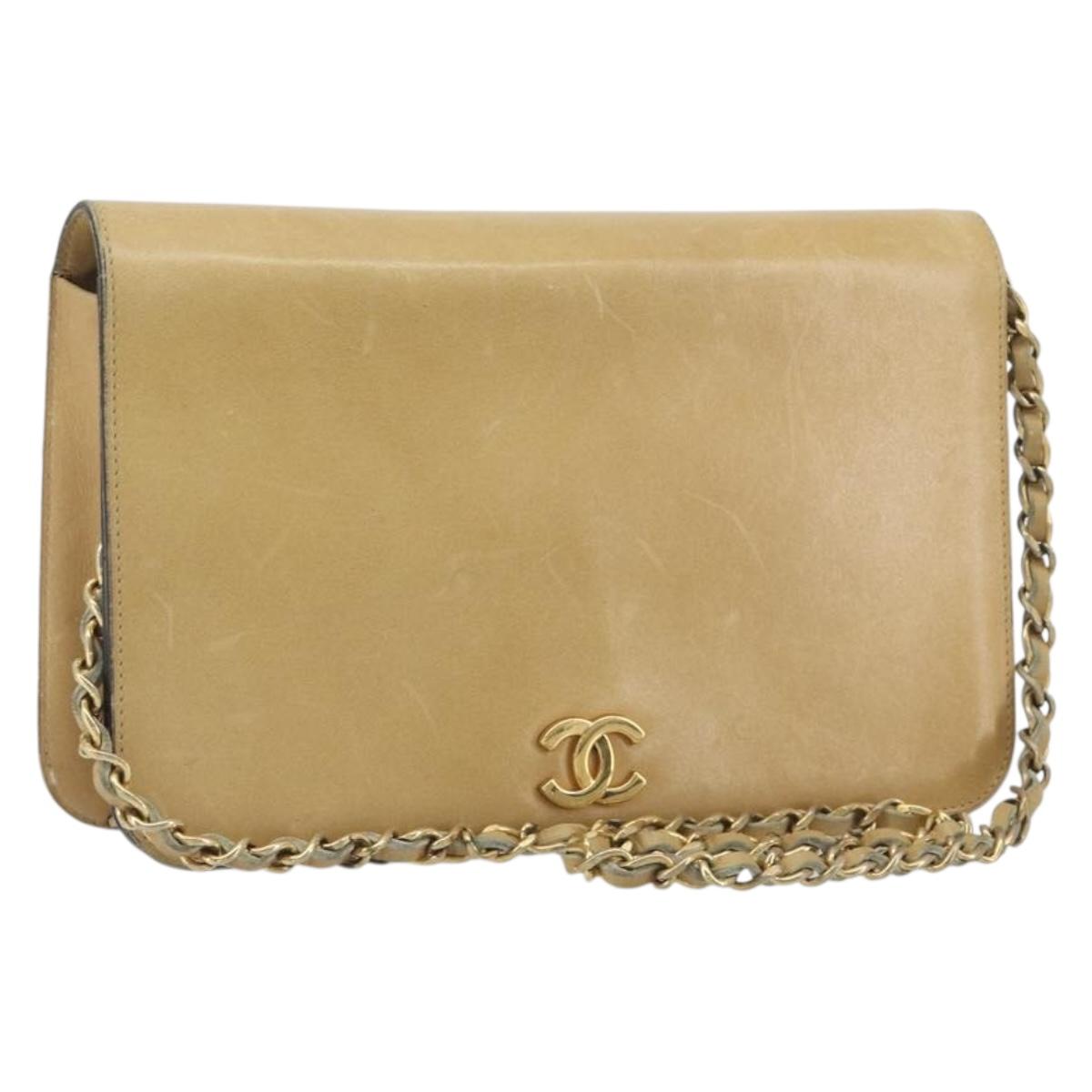 CHANEL Matelasse Chain Shoulder Bag Leather Beige Gold CC Auth ka5721
