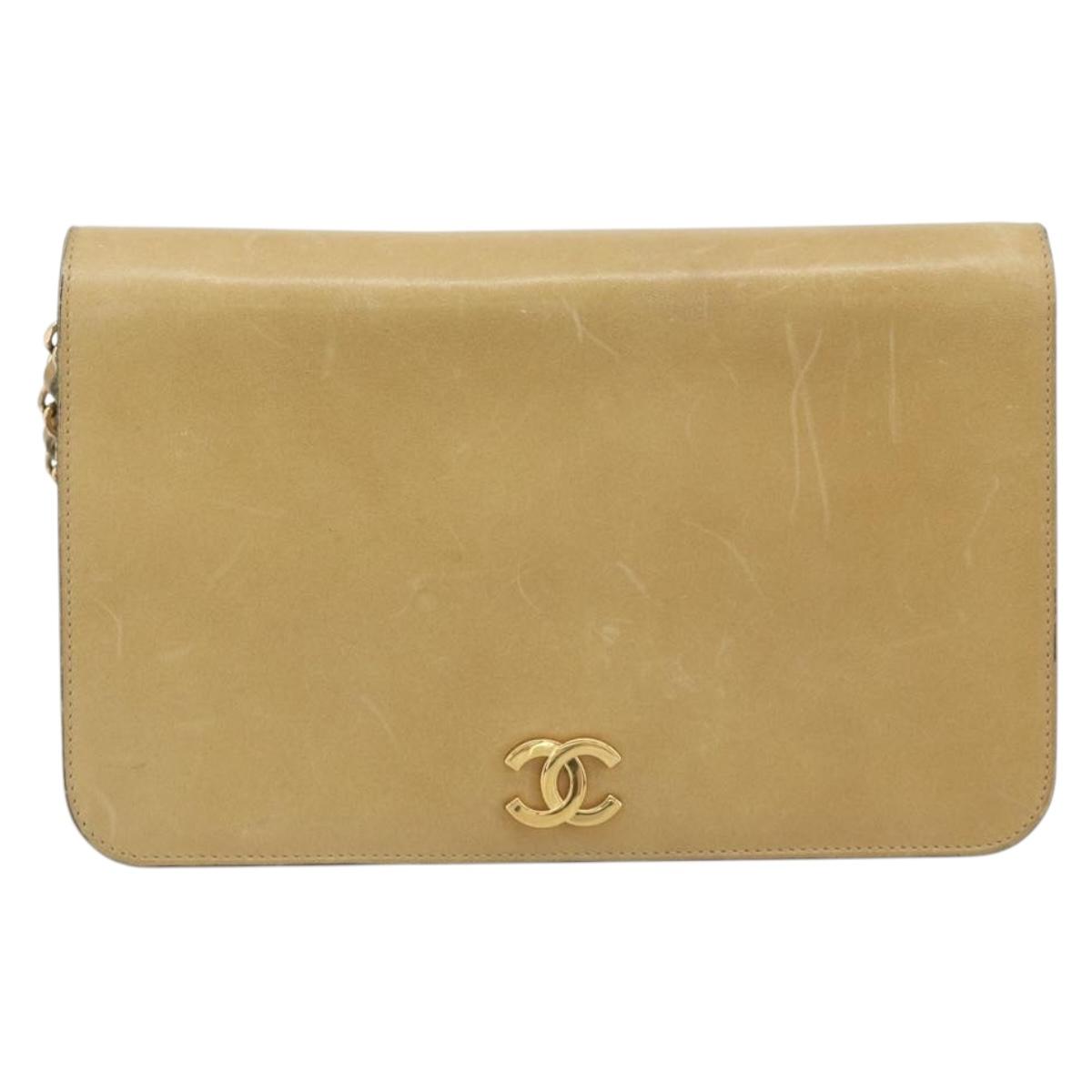 CHANEL Matelasse Chain Shoulder Bag Leather Beige Gold CC Auth ka5721