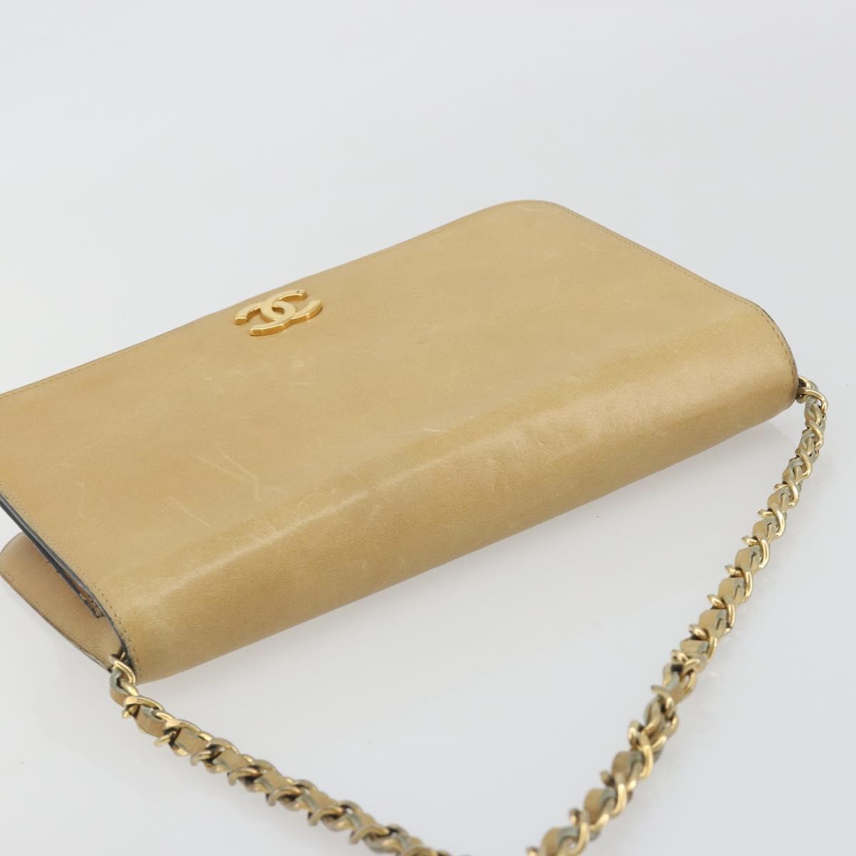 CHANEL Matelasse Chain Shoulder Bag Leather Beige Gold CC Auth ka5721
