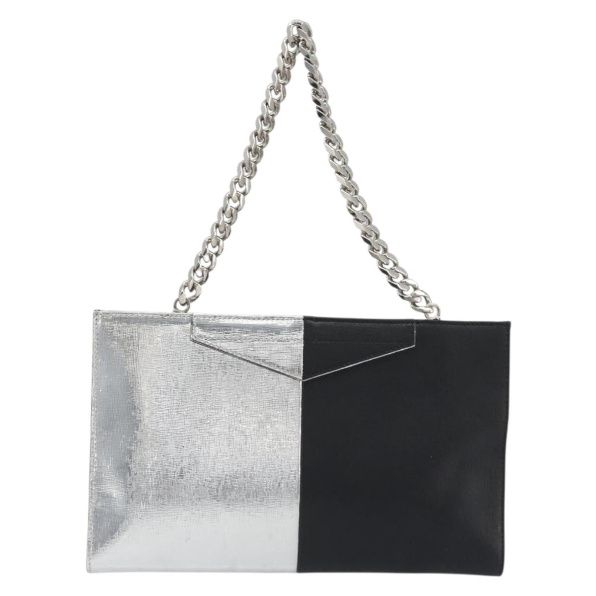 FENDI Chain Hand Bag Leather Silver Auth ka5733A