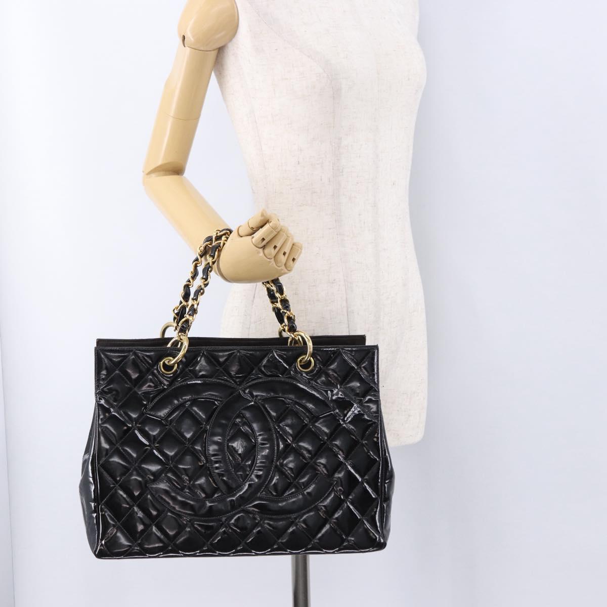 CHANEL Matelasse Chain Hand Bag Patent leather Black Gold CC Auth ka5737