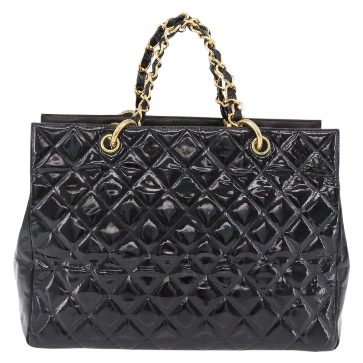 CHANEL Matelasse Chain Hand Bag Patent leather Black Gold CC Auth ka5737