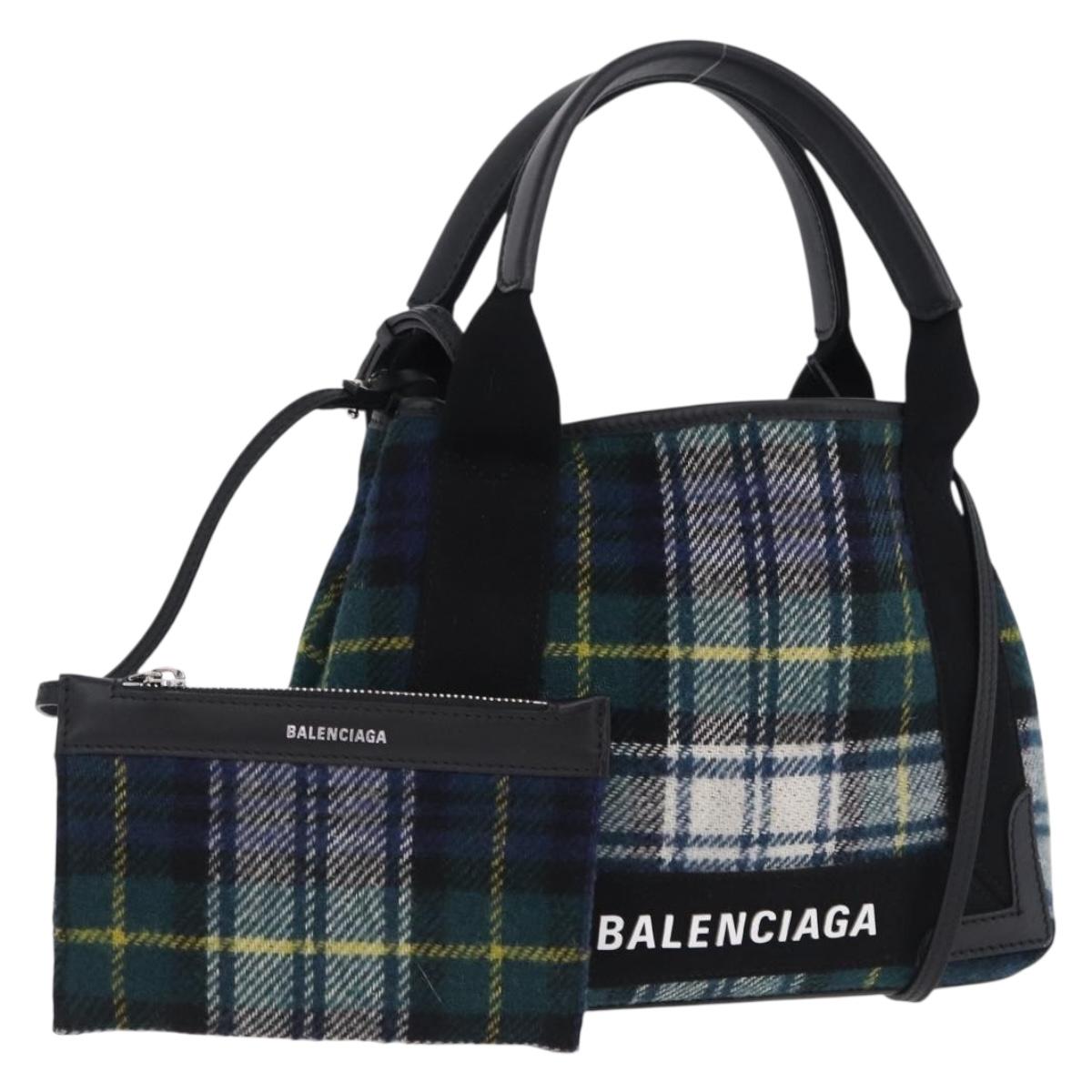 BALENCIAGA Cabas XS Tote Bag Wool 2way Green Silver 390346 Auth ka5745A