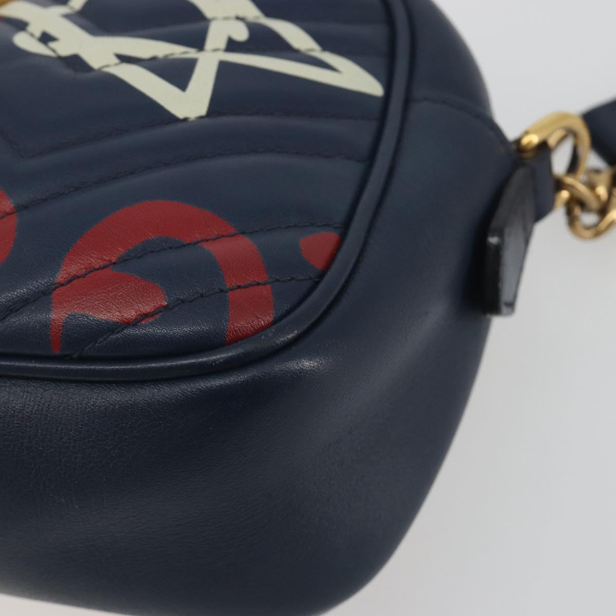 GUCCI GG Marmont Shoulder Bag Leather Navy Gold 447632 Auth ka5749A