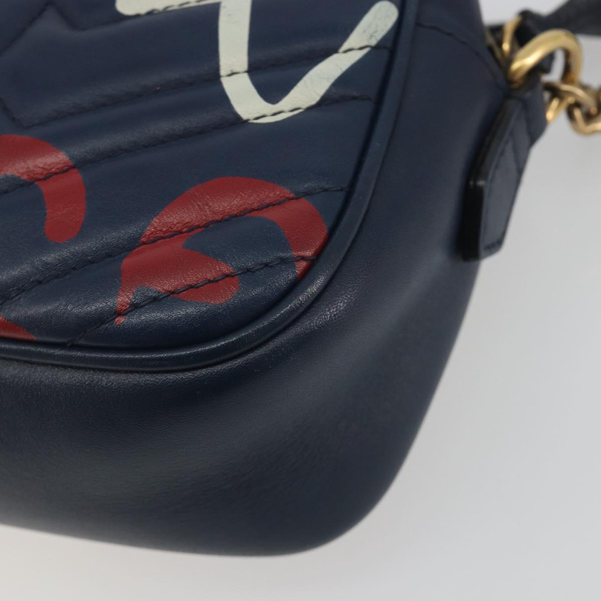 GUCCI GG Marmont Shoulder Bag Leather Navy Gold 447632 Auth ka5749A