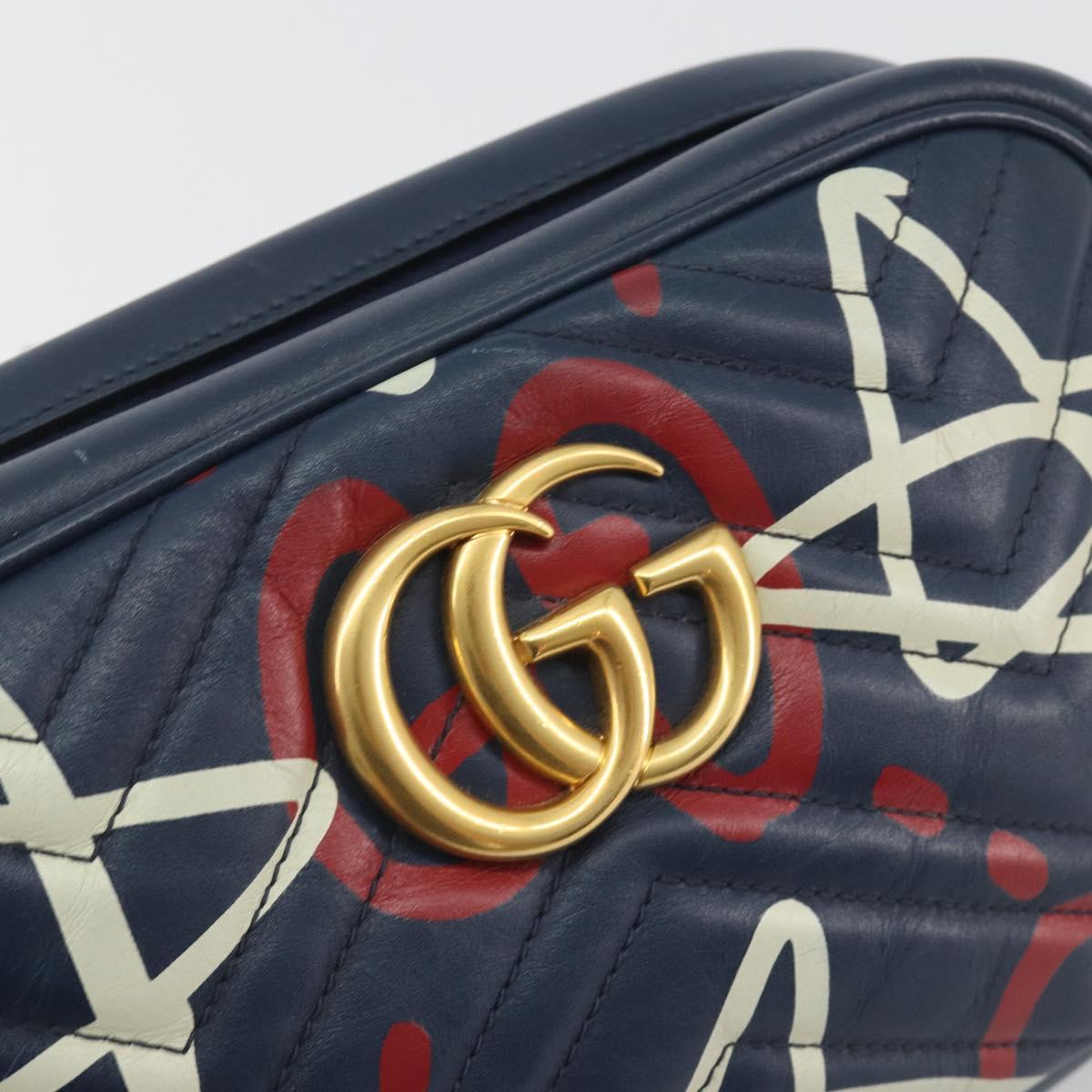 GUCCI GG Marmont Shoulder Bag Leather Navy Gold 447632 Auth ka5749A