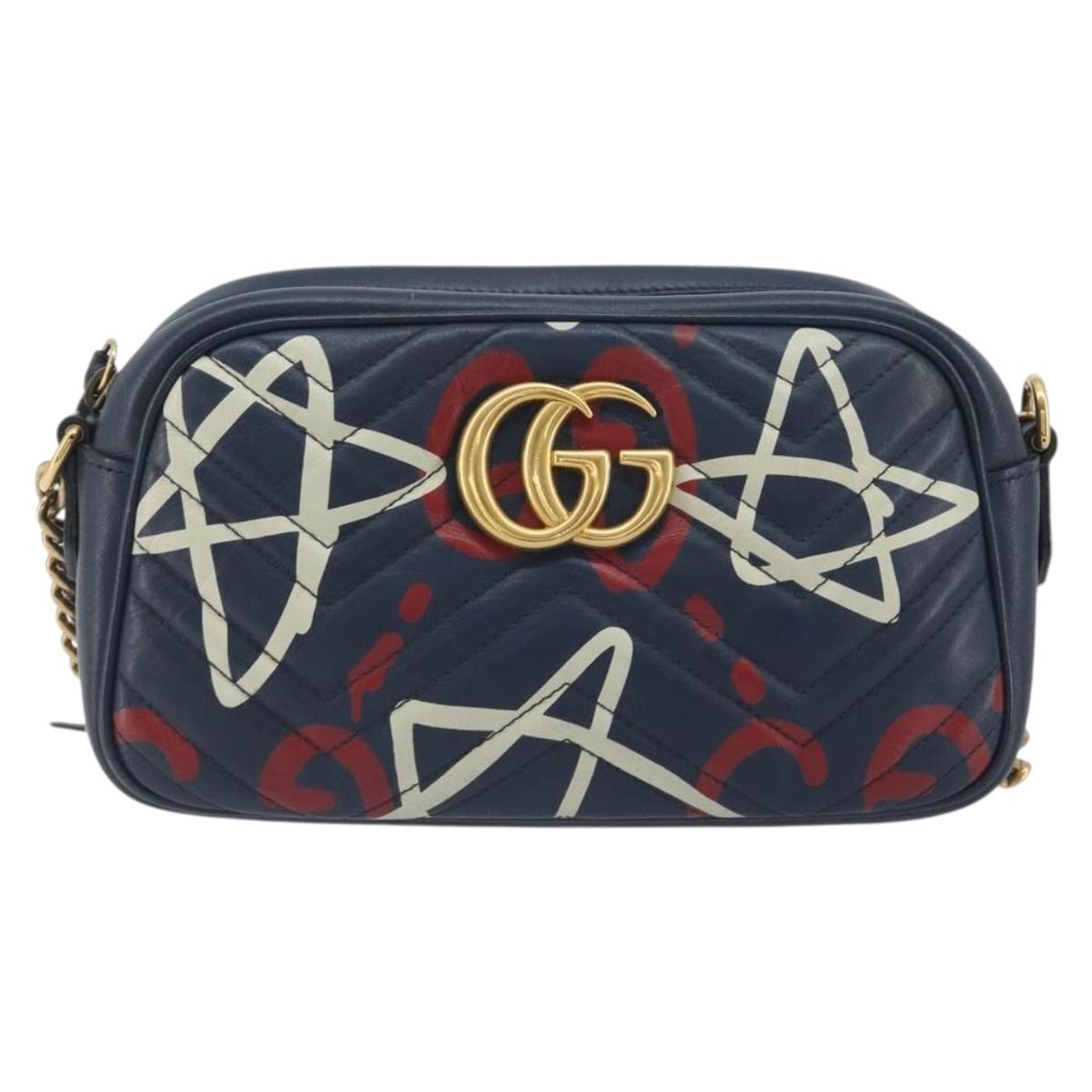 GUCCI GG Marmont Shoulder Bag Leather Navy Gold 447632 Auth ka5749A