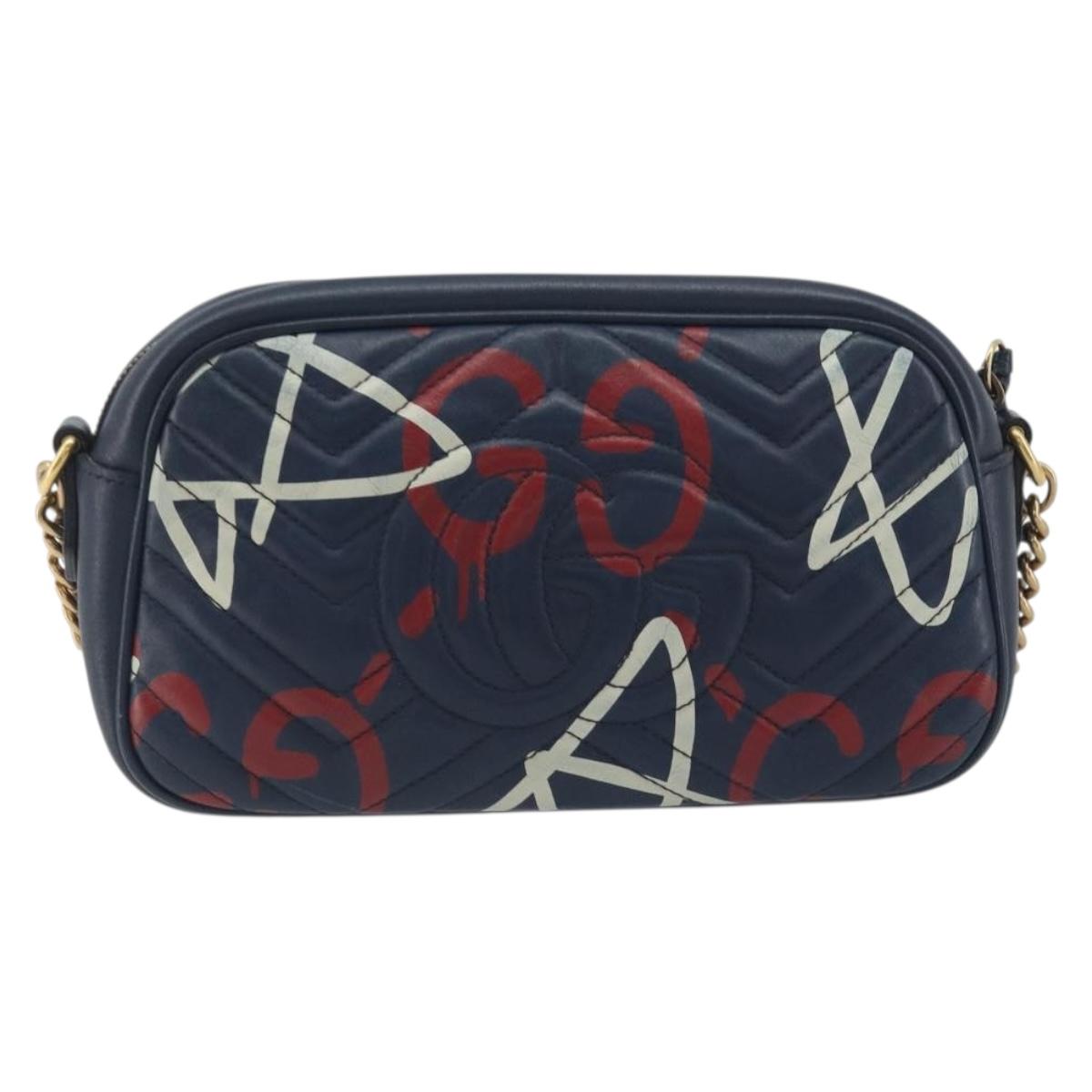 GUCCI GG Marmont Shoulder Bag Leather Navy Gold 447632 Auth ka5749A