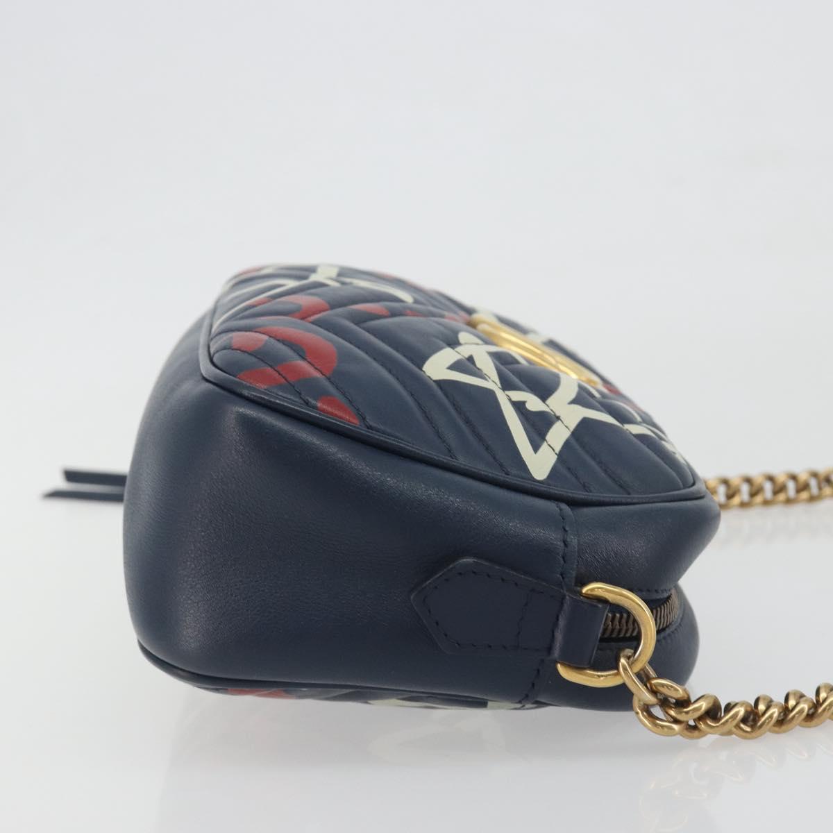 GUCCI GG Marmont Shoulder Bag Leather Navy Gold 447632 Auth ka5749A