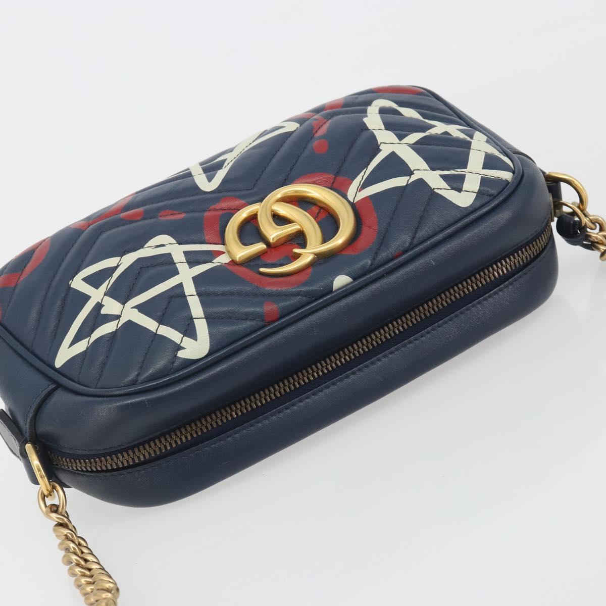 GUCCI GG Marmont Shoulder Bag Leather Navy Gold 447632 Auth ka5749A