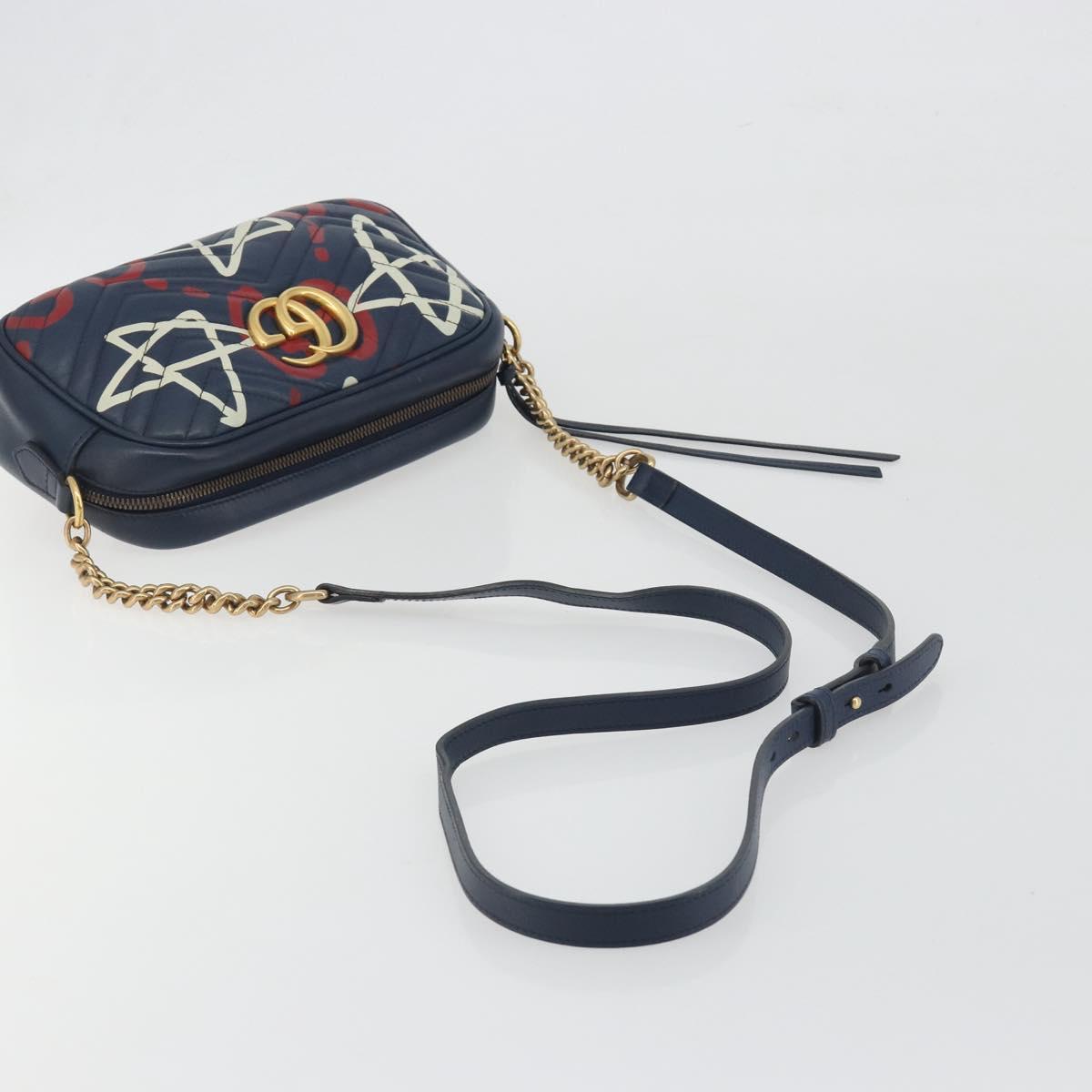 GUCCI GG Marmont Shoulder Bag Leather Navy Gold 447632 Auth ka5749A