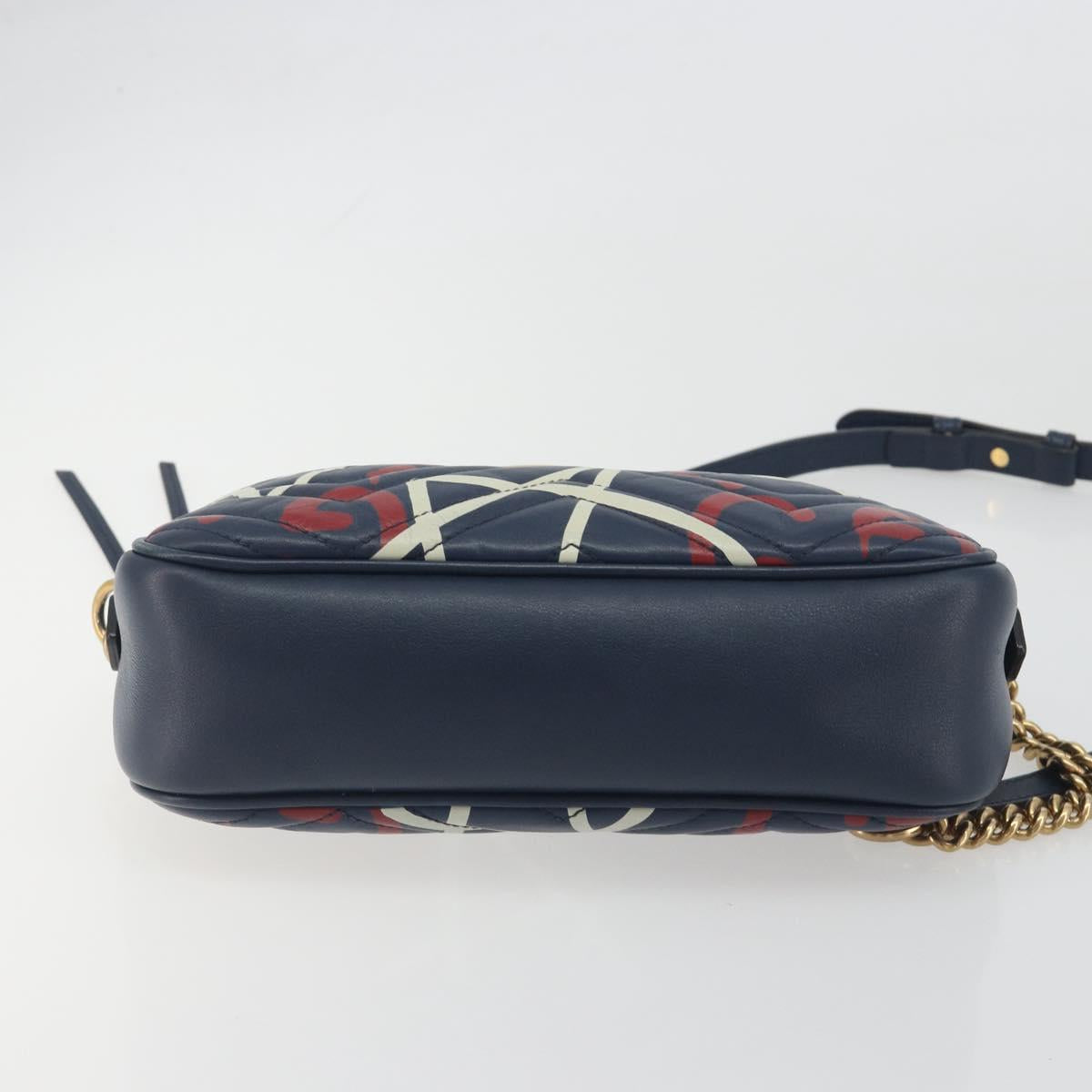 GUCCI GG Marmont Shoulder Bag Leather Navy Gold 447632 Auth ka5749A