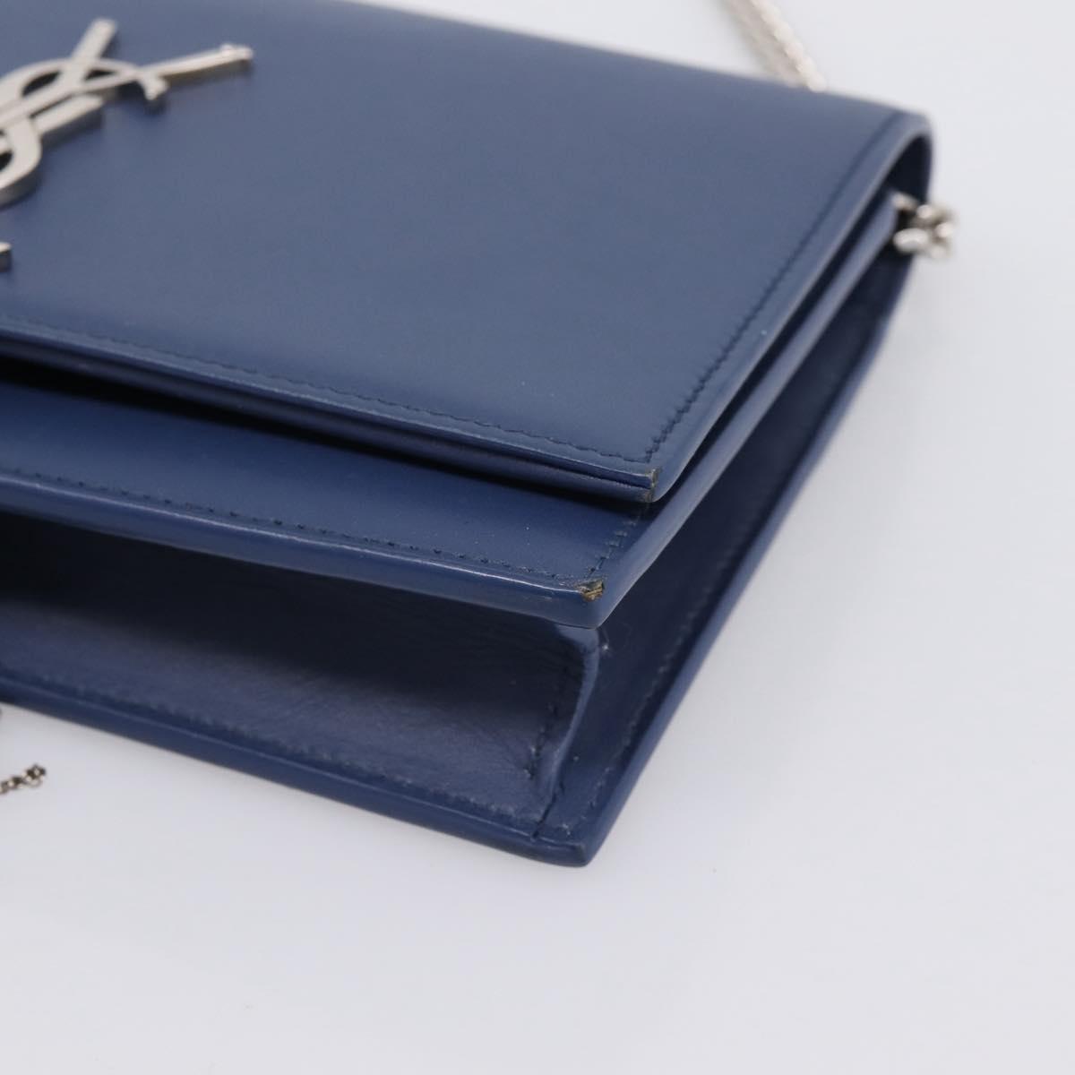 SAINT LAURENT Kate Chain Shoulder Wallet Leather Navy Silver Auth ka5752V