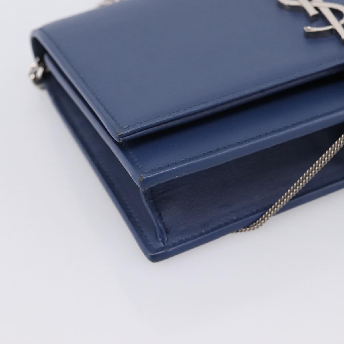 SAINT LAURENT Kate Chain Shoulder Wallet Leather Navy Silver Auth ka5752V