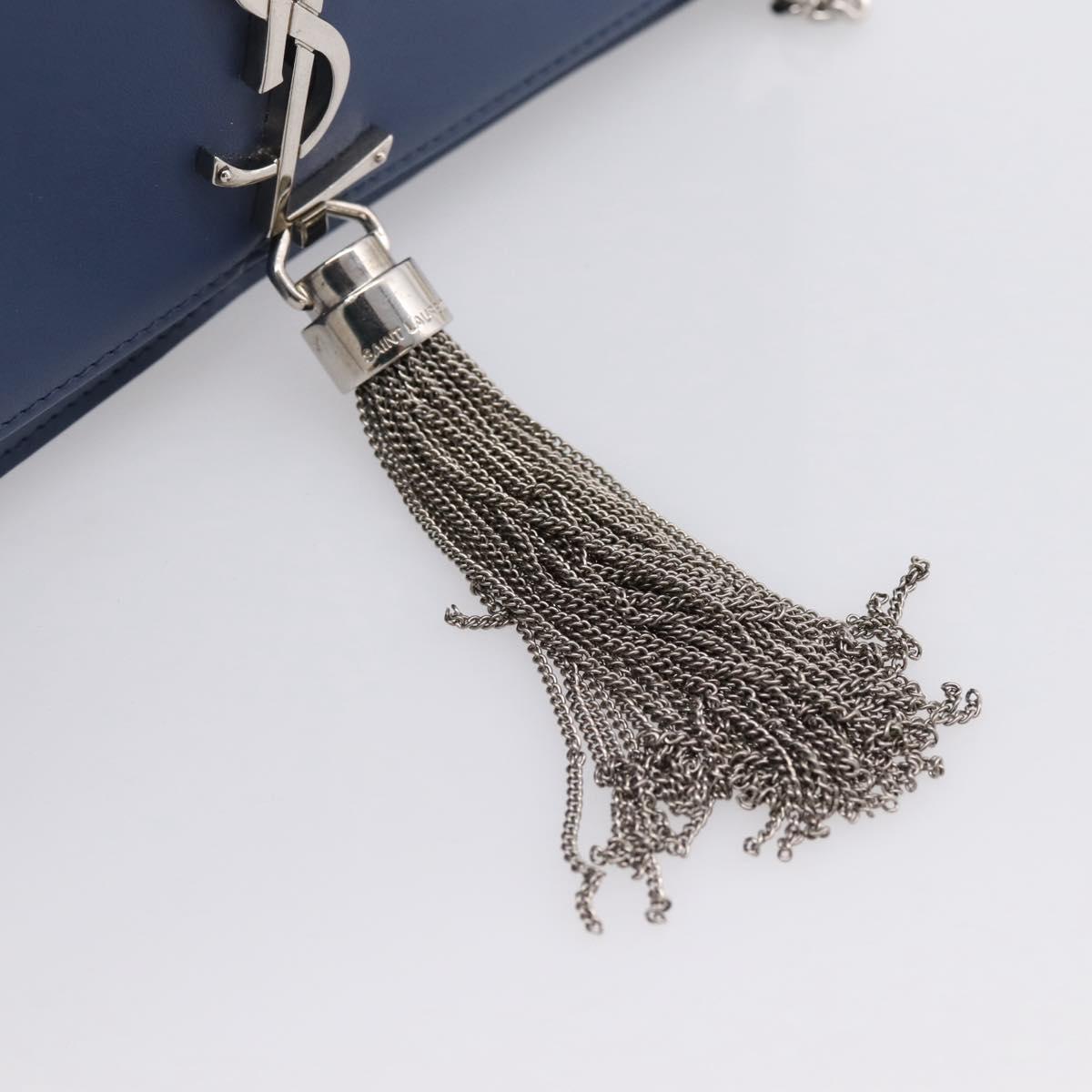 SAINT LAURENT Kate Chain Shoulder Wallet Leather Navy Silver Auth ka5752V