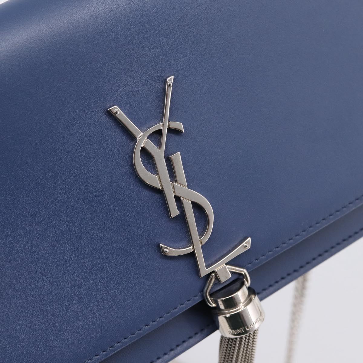 SAINT LAURENT Kate Chain Shoulder Wallet Leather Navy Silver Auth ka5752V